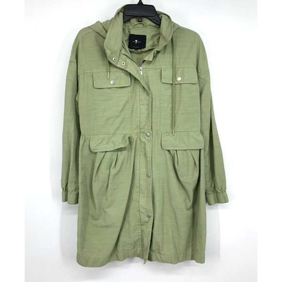 7 for all Mankind Jacket Utility Hood Button Snap Zip Green Lyocell - Picture 1 of 10